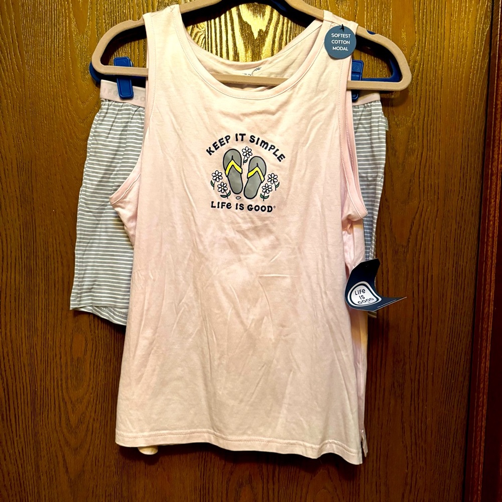 NWT Life Is Good L pajamas ‘Keep It Simple’ Soft Pink And Gray Tank & Shorts Set
